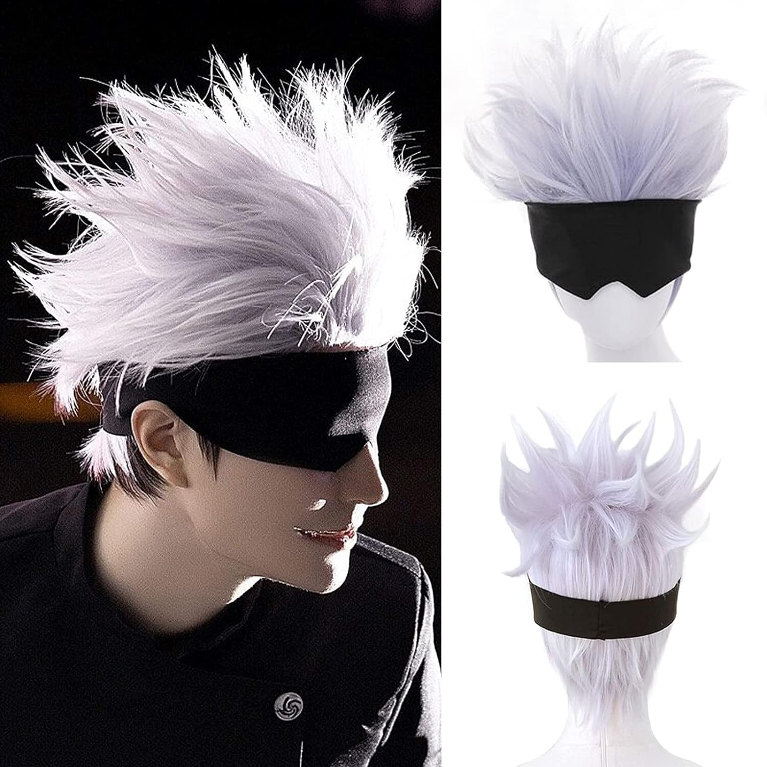 Men Accessories In Silver - วิกผมสีดำแบบปิดตา + แบบหยักสั้นคอสเพลย์วิกผมสีม่วงอ่อนผสมเงินสำหรับอนิเมะทนความร้อน