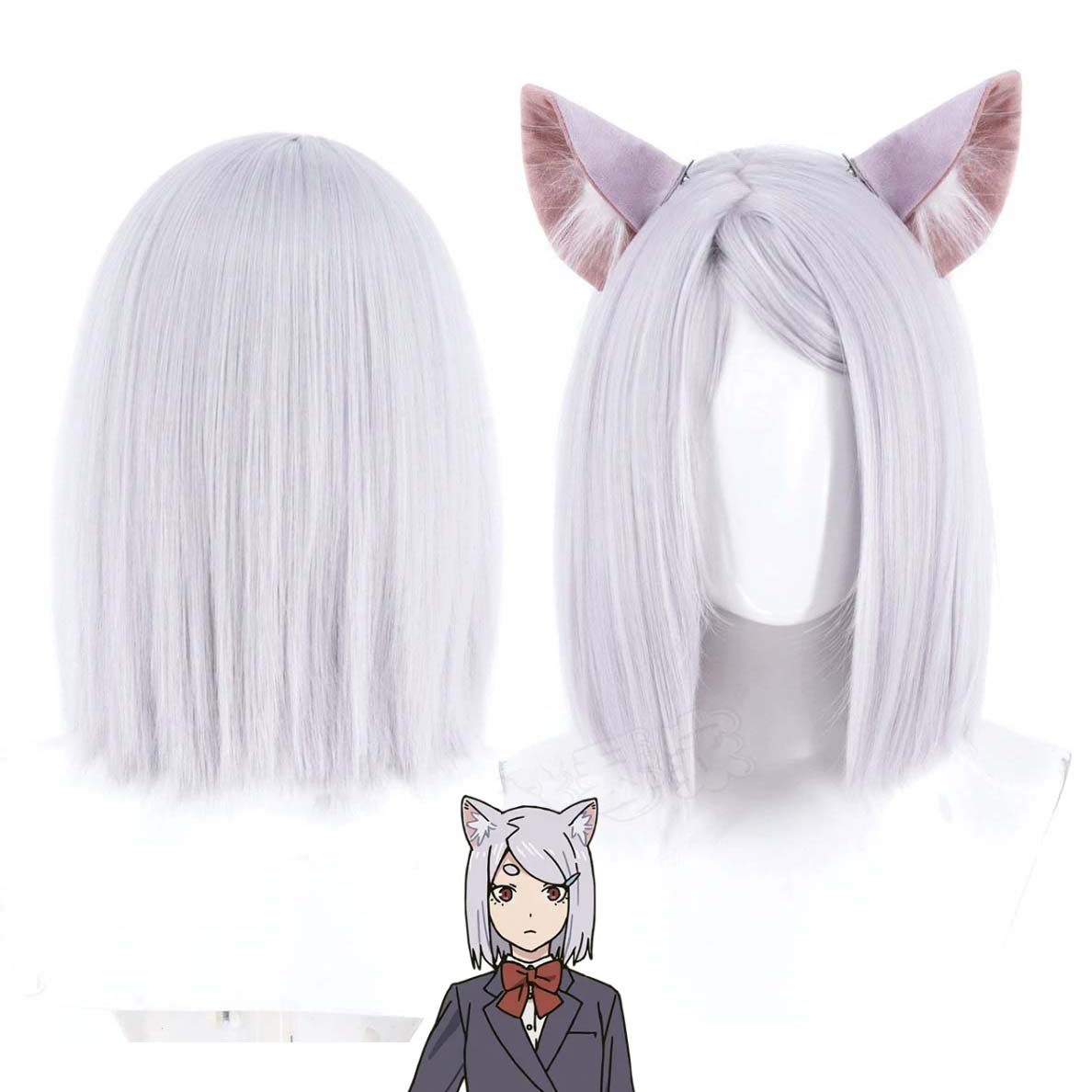 Men Accessories In Silver - วิกคอสเพลย์ผู้หญิง Yani-Neko Imoko Satou สีเงิน-ขาว ทรงบ๊อบพร้อมหูแมว