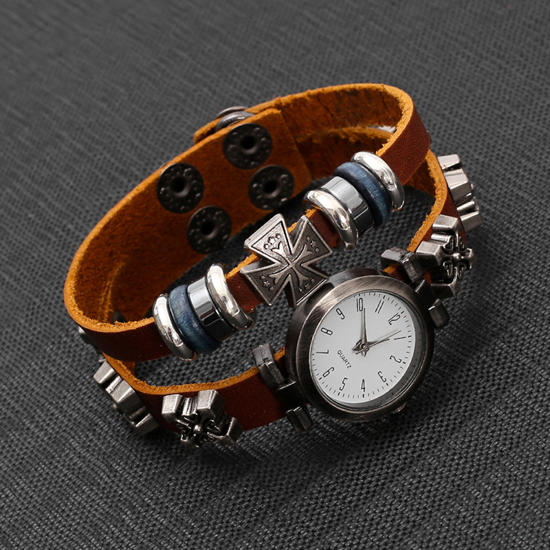 Men Accessories Pk - นาฬิกาควอตซ์สไตล์พังก์วินเทจแบบยูนิเซ็กซ์ พร้อมสายหนังและกำไลแบบกระดุมแป๊ก เครื่องประดับแฟชั่นแนวฮิปฮอปสตรีทแวร์สำหรับผู้ชาย