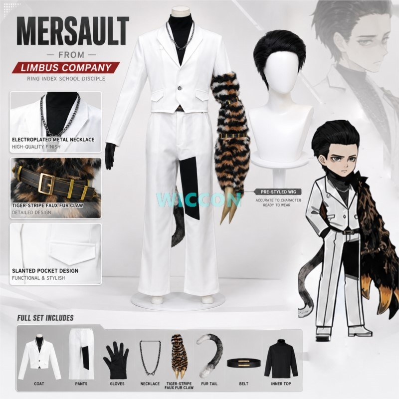 Young Men'S Accessories - ชุดคอสเพลย์เมอร์ซอลท์จากเกม Limbus Company ชุดเต็มพร้อมกรงเล็บขนยาว หาง และวิกผมสำหรับผู้ชายในธีมฮาโลวีน